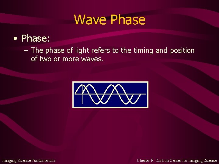Wave Phase • Phase: – The phase of light refers to the timing and