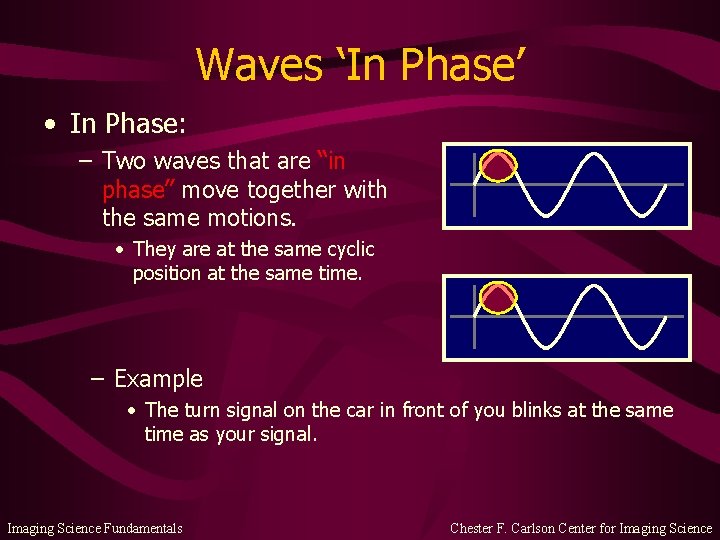 Waves ‘In Phase’ • In Phase: – Two waves that are “in phase” move