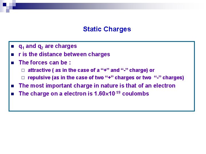 Static Charges n n n q 1 and q 2 are charges r is