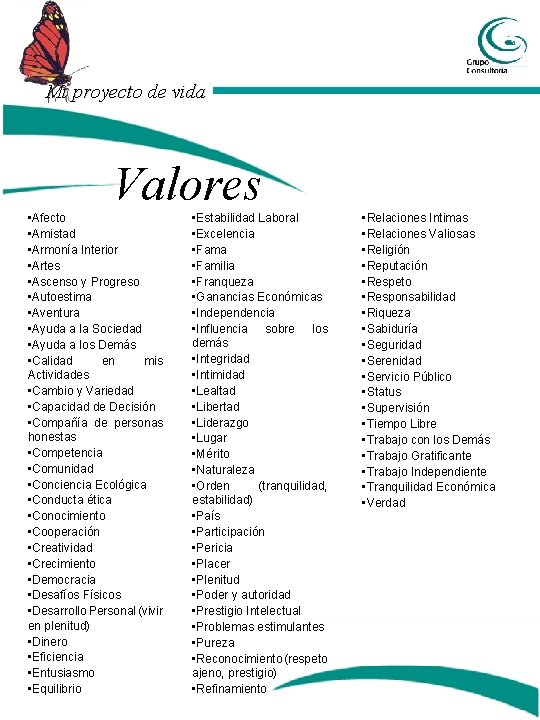 Mi proyecto de vida Valores • Afecto • Amistad • Armonía Interior • Artes Mi proyecto de vida Valores • Afecto • Amistad • Armonía Interior • Artes