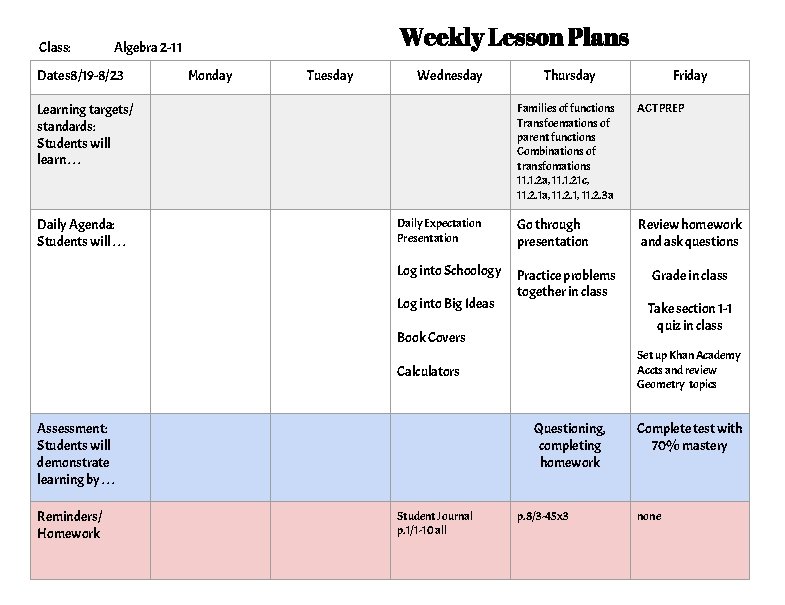 Class: Weekly Lesson Plans Algebra 2 -11 Dates 8/19 -8/23 Monday Tuesday Wednesday Learning