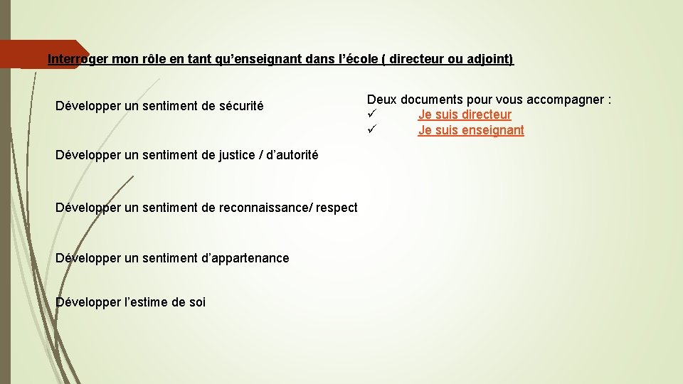 Interroger mon rôle en tant qu’enseignant dans l’école ( directeur ou adjoint) Développer un