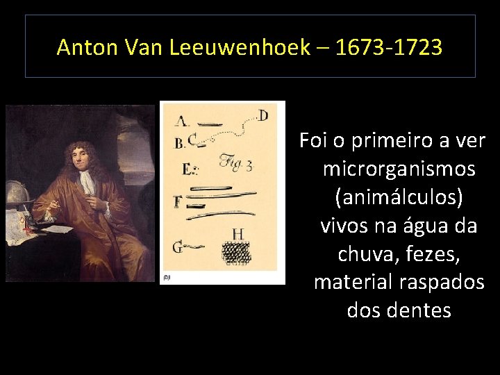 Anton Van Leeuwenhoek – 1673 -1723 Foi o primeiro a ver microrganismos (animálculos) vivos