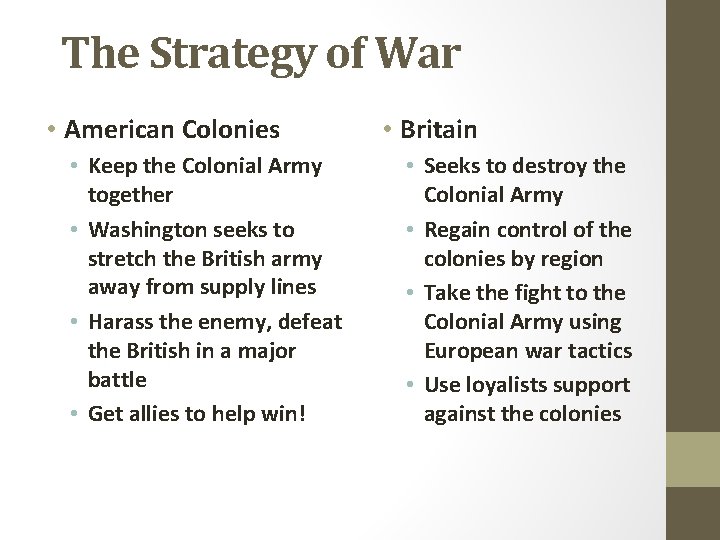 The Strategy of War • American Colonies • Keep the Colonial Army together •