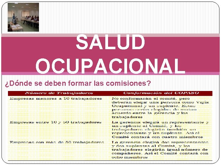 SALUD OCUPACIONAL ¿Dónde se deben formar las comisiones? 