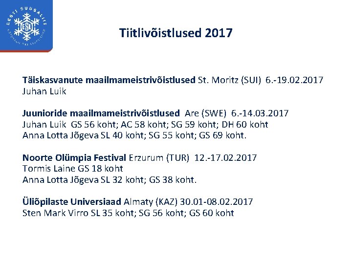 Tiitlivõistlused 2017 Täiskasvanute maailmameistrivõistlused St. Moritz (SUI) 6. -19. 02. 2017 Juhan Luik Juunioride