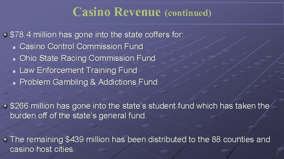 Casino Revenue (continued) $78. 4 million has gone into the state coffers for: n