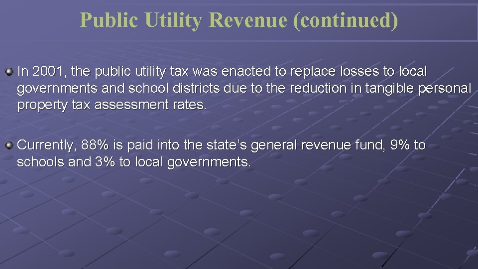 Public Utility Revenue (continued) In 2001, the public utility tax was enacted to replace