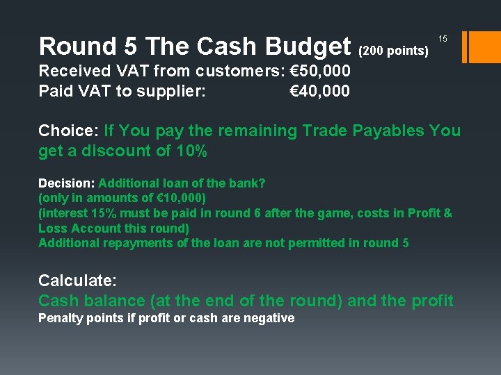 Round 5 The Cash Budget (200 points) 15 Received VAT from customers: € 50,
