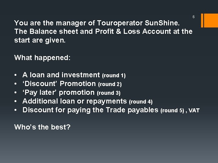 You are the manager of Touroperator Sun. Shine. The Balance sheet and Profit &