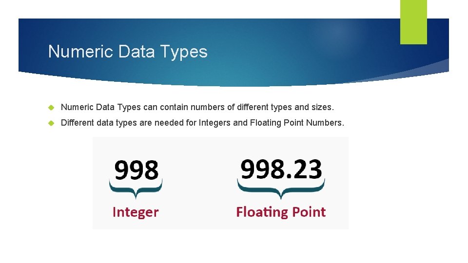 Numeric Data Types can contain numbers of different types and sizes. Different data types