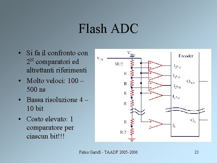 Flash ADC • Si fa il confronto con 2 N comparatori ed altrettanti riferimenti