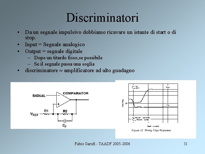 Discriminatori • Da un segnale impulsivo dobbiamo ricavare un istante di start o di