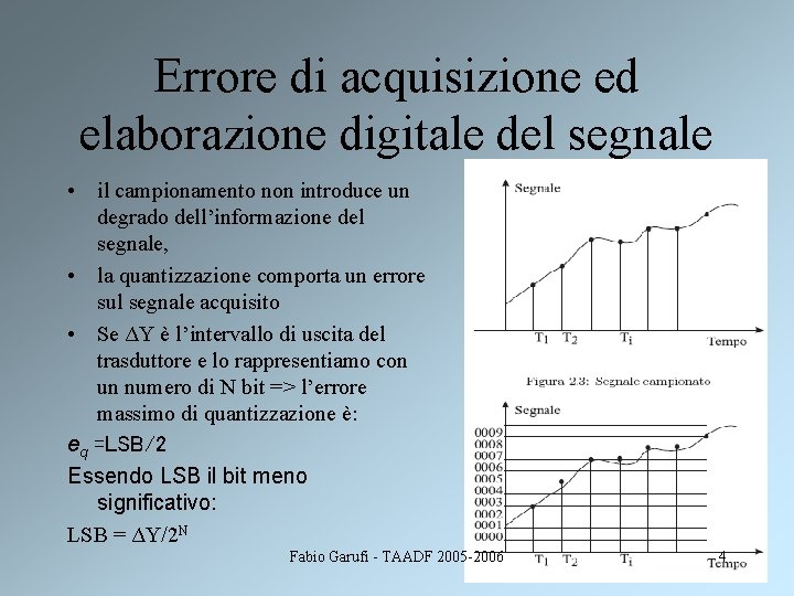 Errore di acquisizione ed elaborazione digitale del segnale • il campionamento non introduce un