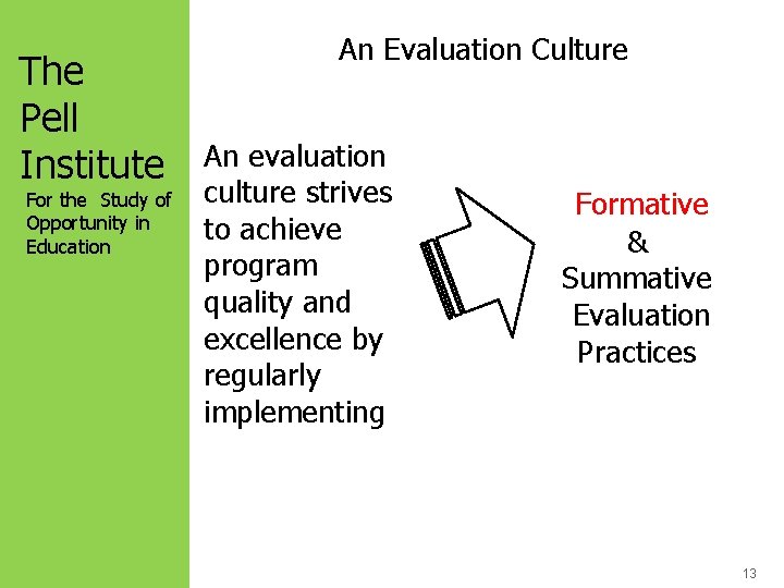 The Pell Institute For the Study of Opportunity in Education An Evaluation Culture An