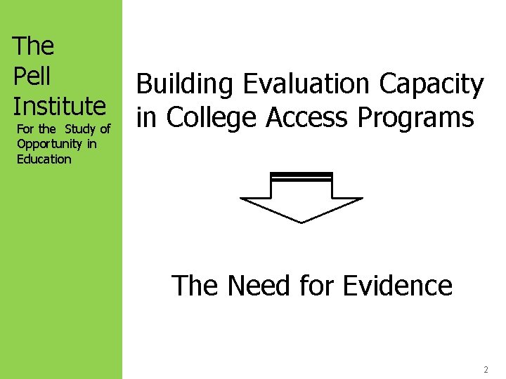 The Pell Institute For the Study of Opportunity in Education Building Evaluation Capacity in