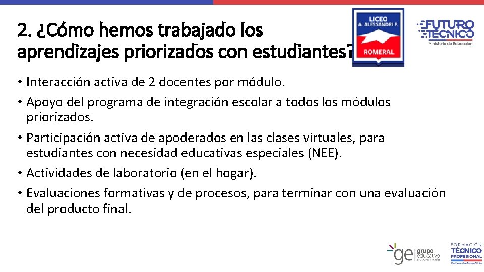 Logo Liceo 2. ¿Cómo hemos trabajado los aprendizajes priorizados con estudiantes? • Interacción activa Logo Liceo 2. ¿Cómo hemos trabajado los aprendizajes priorizados con estudiantes? • Interacción activa