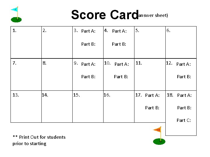 Score Card(answer sheet) 1. 7. 13. 2. 8. 14. 3. Part A: 4. Part