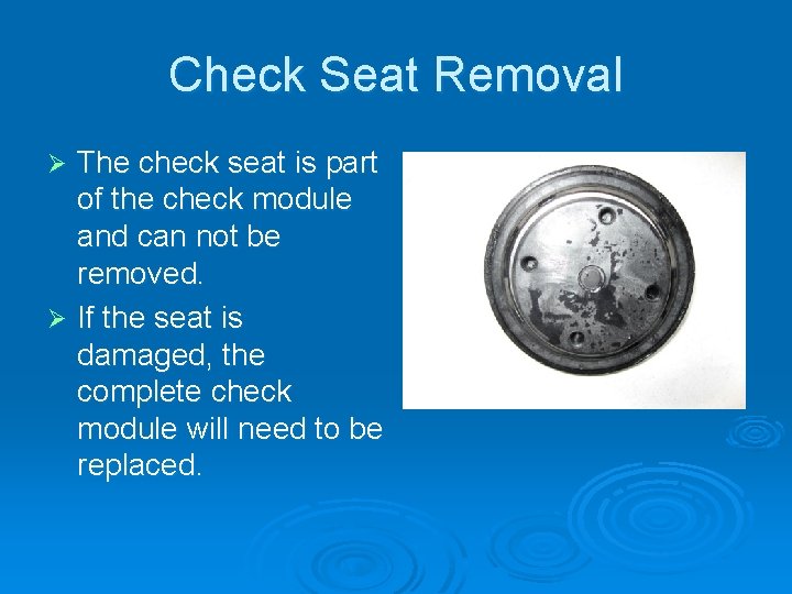 Check Seat Removal The check seat is part of the check module and can