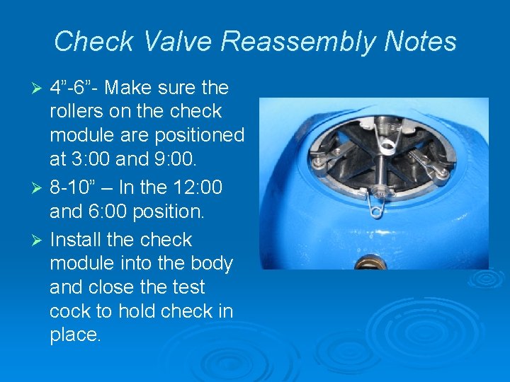Check Valve Reassembly Notes 4”-6”- Make sure the rollers on the check module are