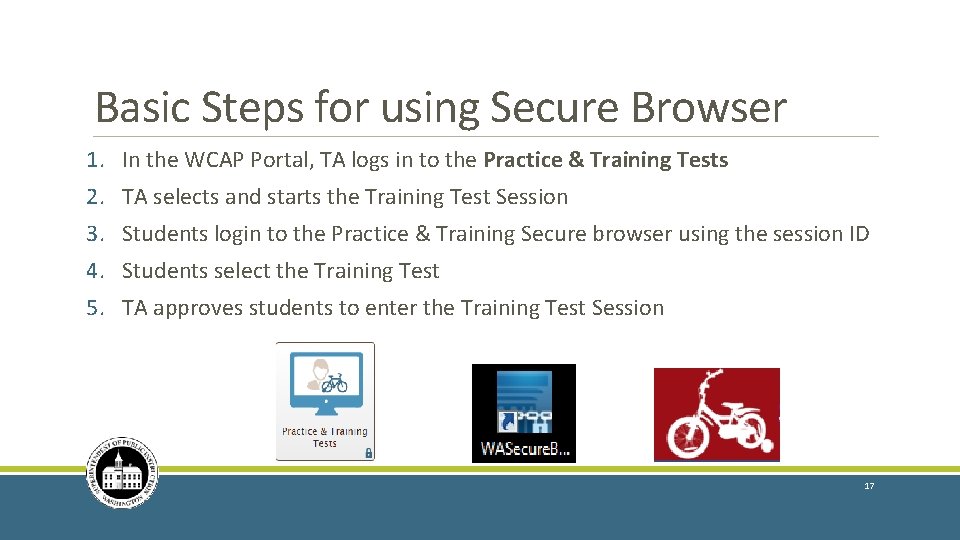 Basic Steps for using Secure Browser 1. In the WCAP Portal, TA logs in