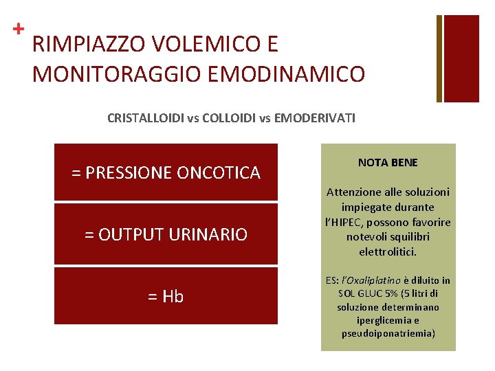 + RIMPIAZZO VOLEMICO E MONITORAGGIO EMODINAMICO CRISTALLOIDI vs COLLOIDI vs EMODERIVATI = PRESSIONE ONCOTICA