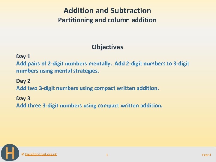 Addition and Subtraction Partitioning and column addition Objectives Day 1 Add pairs of 2