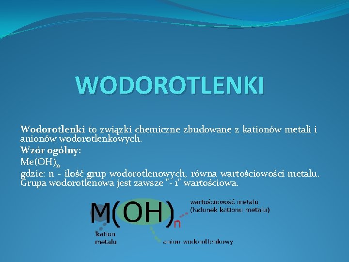 WODOROTLENKI Wodorotlenki to związki chemiczne zbudowane z kationów metali i anionów wodorotlenkowych. Wzór ogólny: