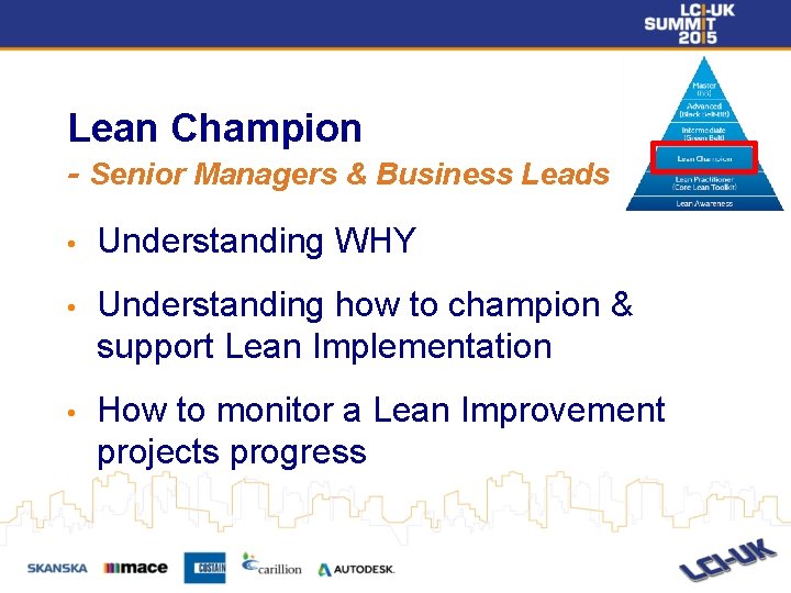 Lean Champion - Senior Managers & Business Leads • Understanding WHY • Understanding how Lean Champion - Senior Managers & Business Leads • Understanding WHY • Understanding how