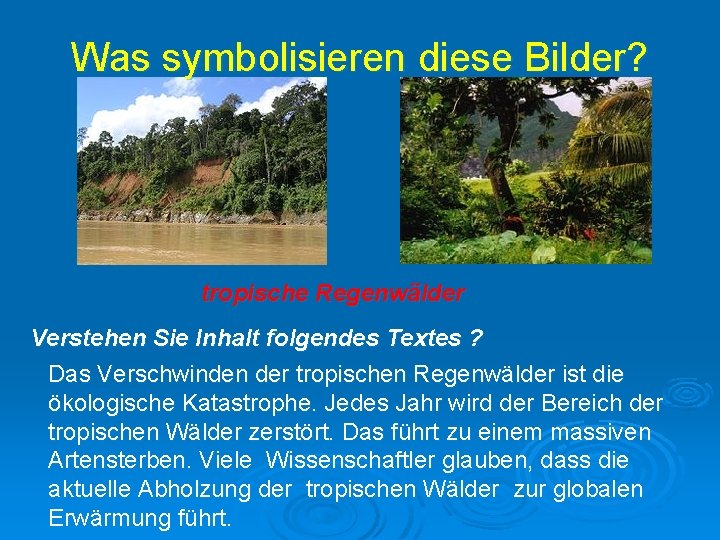 Was symbolisieren diese Bilder? tropische Regenwälder Verstehen Sie Inhalt folgendes Textes ? Das Verschwinden