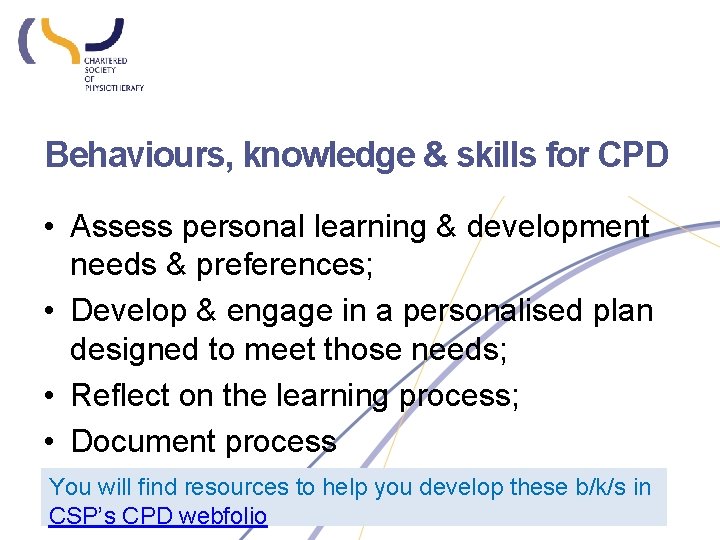 Behaviours, knowledge & skills for CPD • Assess personal learning & development needs &