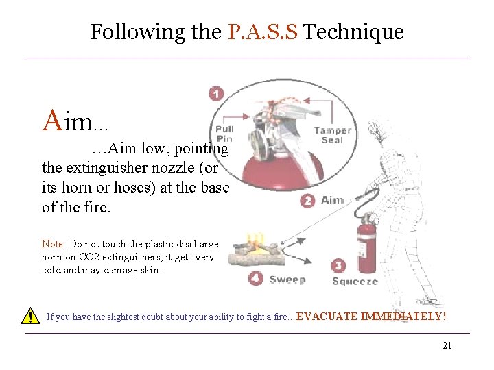 Following the P. A. S. S Technique Aim… …Aim low, pointing the extinguisher nozzle Following the P. A. S. S Technique Aim… …Aim low, pointing the extinguisher nozzle