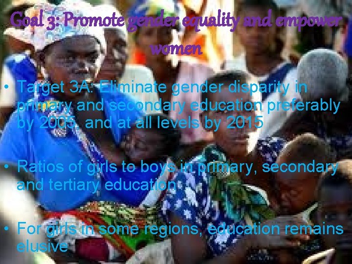 Goal 3: Promote gender equality and empower women • Target 3 A: Eliminate gender