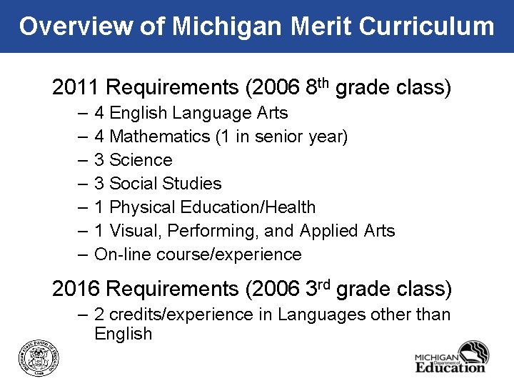 Overview of Michigan Merit Curriculum 2011 Requirements (2006 8 th grade class) – –