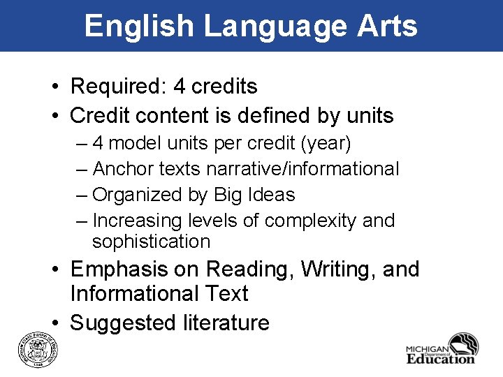 English Language Arts • Required: 4 credits • Credit content is defined by units