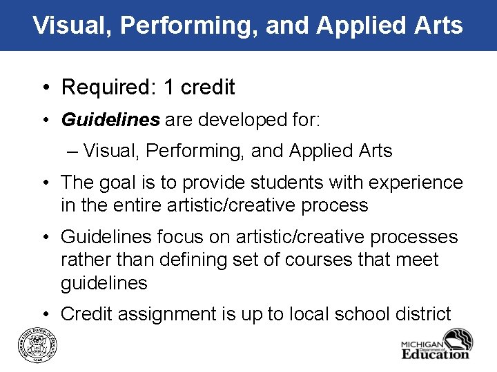 Visual, Performing, and Applied Arts • Required: 1 credit • Guidelines are developed for: