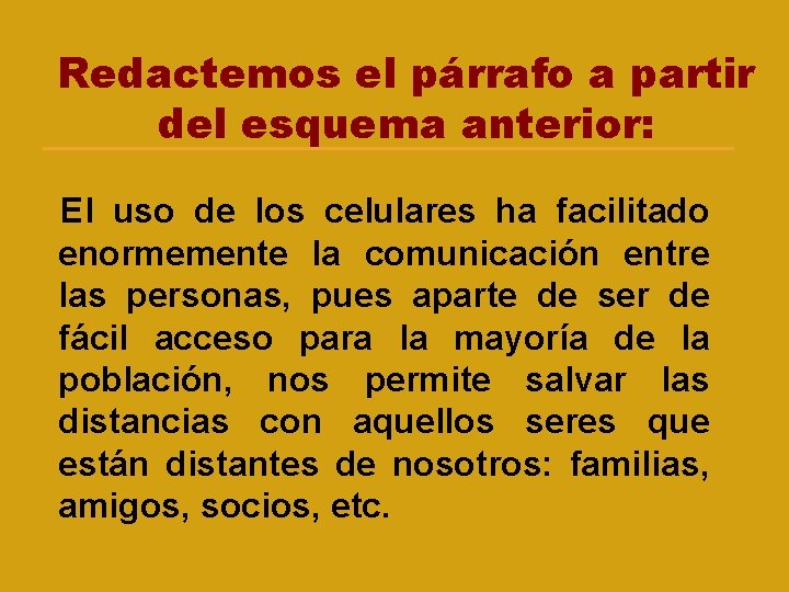 Redactemos el párrafo a partir del esquema anterior: El uso de los celulares ha