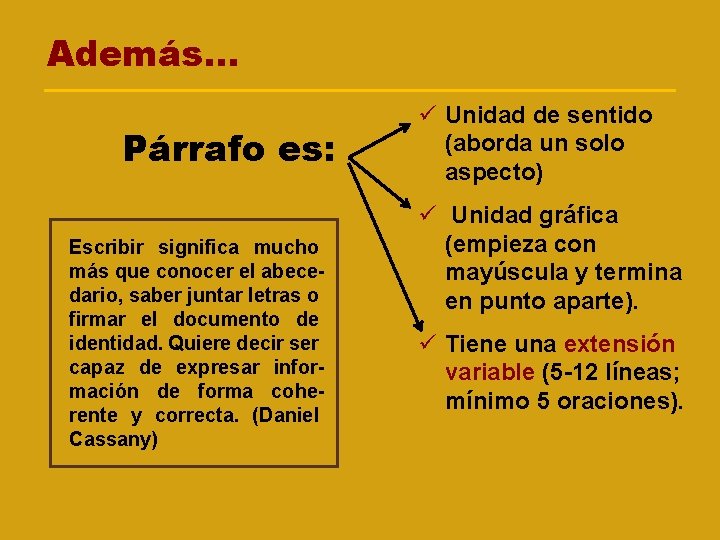 Además. . . Párrafo es: Escribir significa mucho más que conocer el abecedario, saber