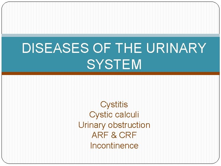 DISEASES OF THE URINARY SYSTEM Cystitis Cystic calculi Urinary obstruction ARF & CRF Incontinence