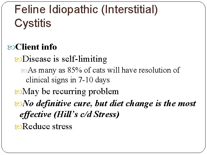Feline Idiopathic (Interstitial) Cystitis Client info Disease is self-limiting As many as 85% of