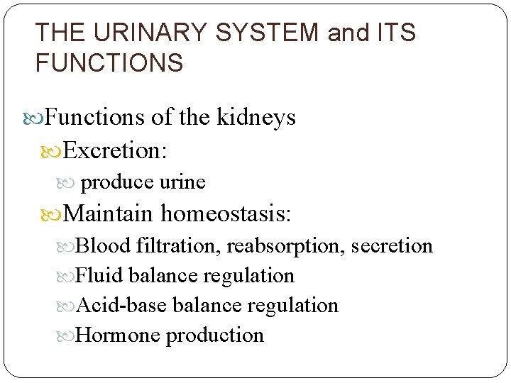THE URINARY SYSTEM and ITS FUNCTIONS Functions of the kidneys Excretion: produce urine Maintain