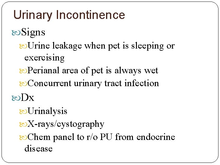 Urinary Incontinence Signs Urine leakage when pet is sleeping or exercising Perianal area of