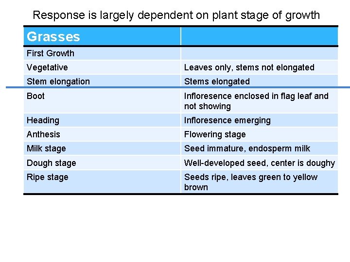 Response is largely dependent on plant stage of growth Grasses First Growth Vegetative Leaves