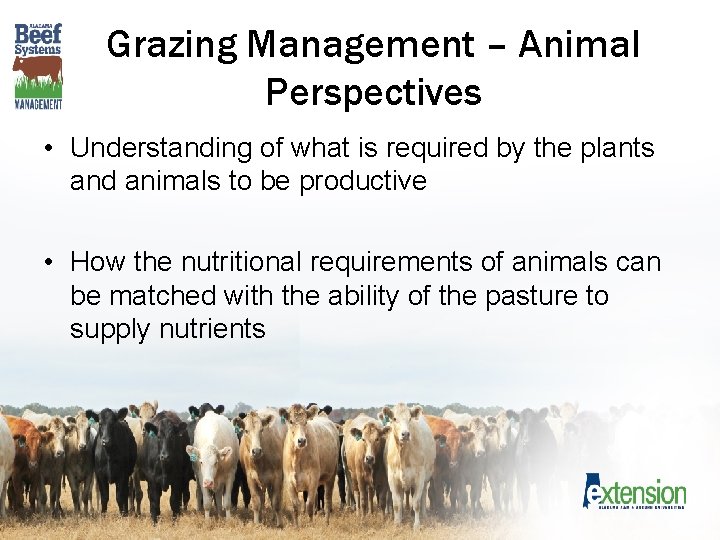 Grazing Management – Animal Perspectives • Understanding of what is required by the plants