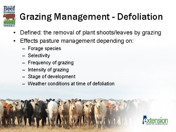 Grazing Management - Defoliation • Defined: the removal of plant shoots/leaves by grazing •