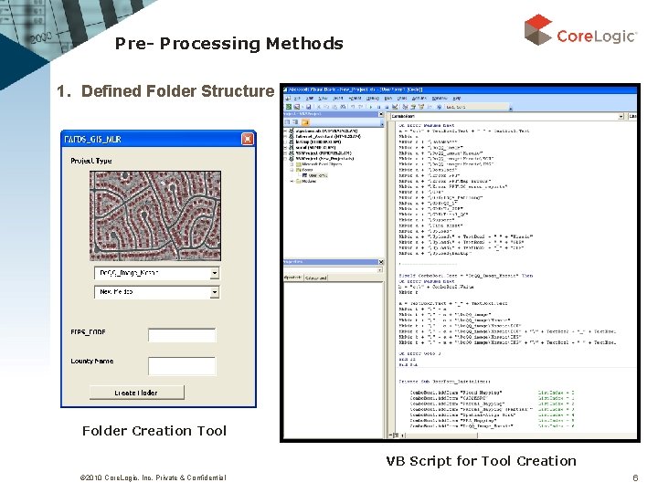Pre- Processing Methods 1. Defined Folder Structure Folder Creation Tool VB Script for Tool