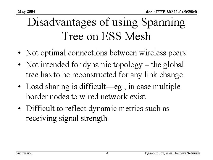 May 2004 doc. : IEEE 802. 11 -04/0598 r 0 Disadvantages of using Spanning