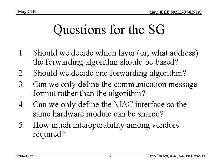 May 2004 doc. : IEEE 802. 11 -04/0598 r 0 Questions for the SG