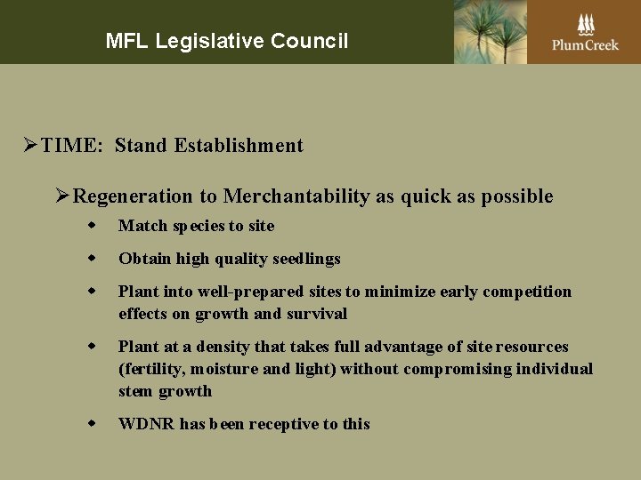MFL Legislative Council ØTIME: Stand Establishment ØRegeneration to Merchantability as quick as possible w