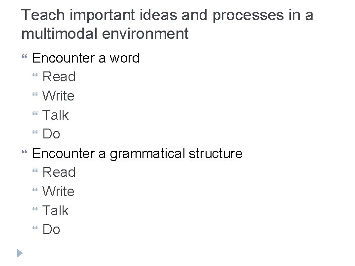 Teach important ideas and processes in a multimodal environment Encounter a word Read Write